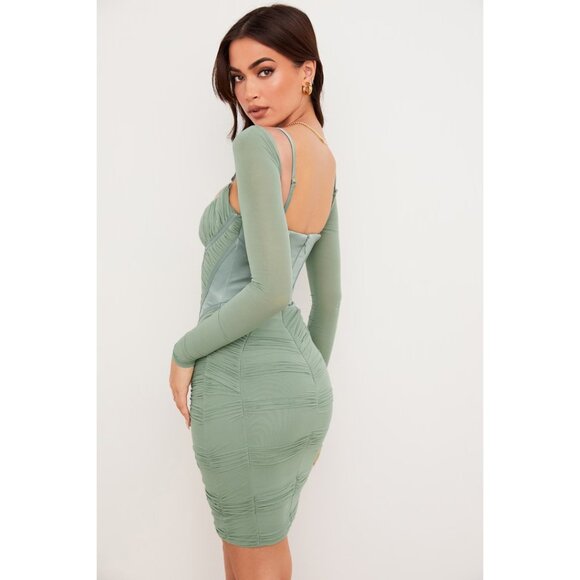 House of CB Freyja Gathered Corset Dress Size M Sage Green Mesh & Satin - Picture 7 of 15